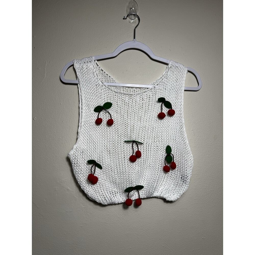 Sweet Cherry Crochet Sweater Crop Hand Knit One Size White Red Green
